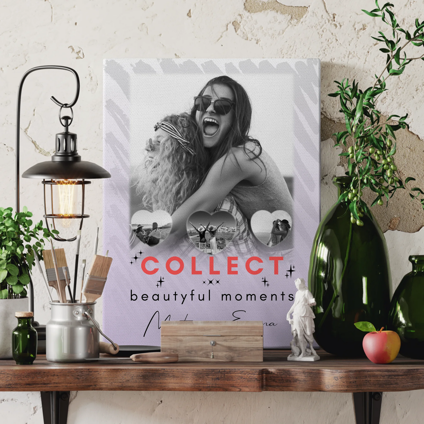 Personalisierte Leinwand für Freundinnen mit 1 Foto und 3 Kleine Herz Fotos Collect Beautyful Moments 3