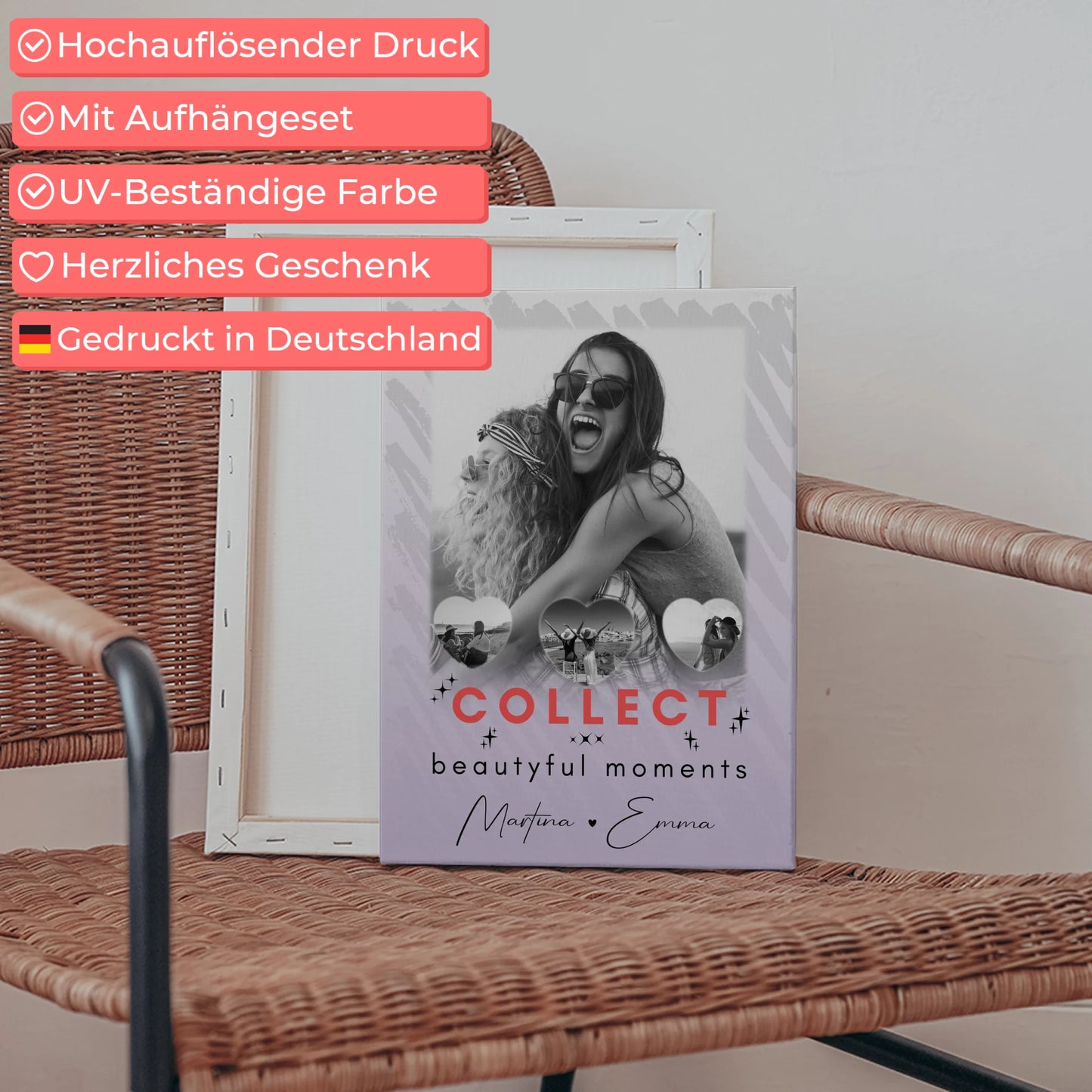 Personalisierte Leinwand für Freundinnen mit 1 Foto und 3 Kleine Herz Fotos Collect Beautyful Moments 5