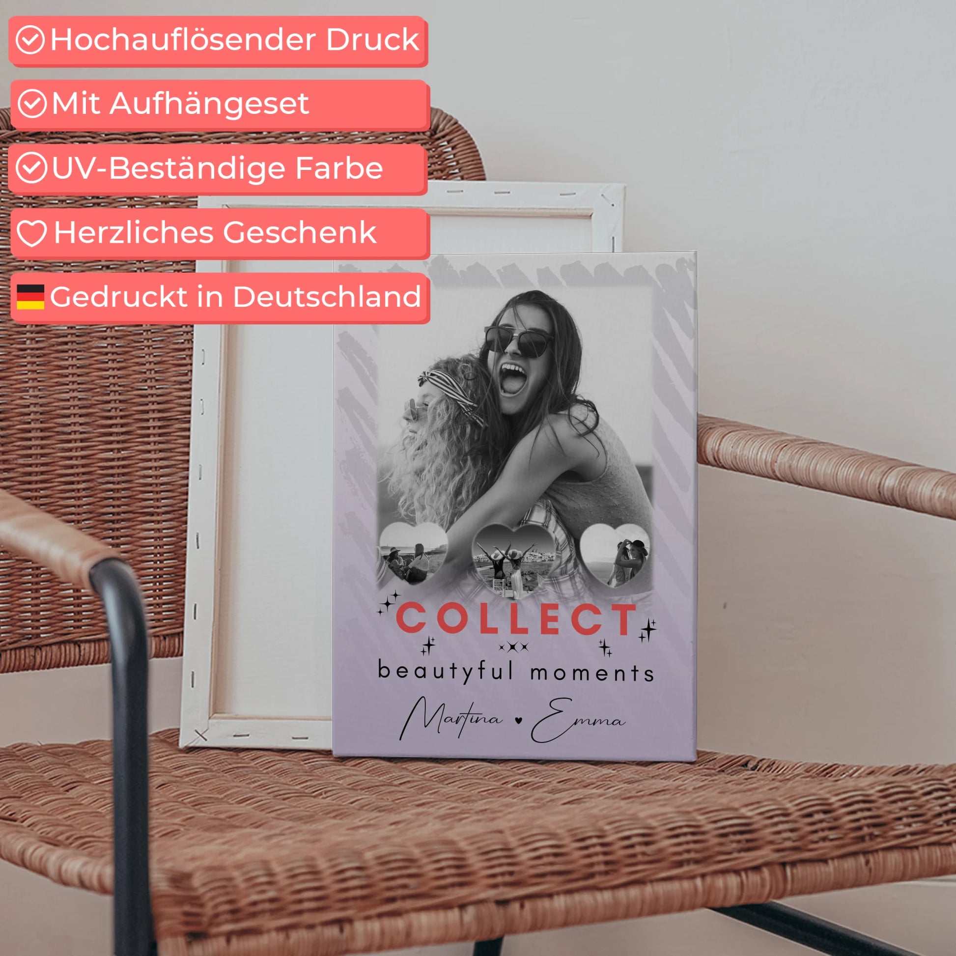 Personalisierte Leinwand für Freundinnen mit 1 Foto und 3 Kleine Herz Fotos Collect Beautyful Moments 5