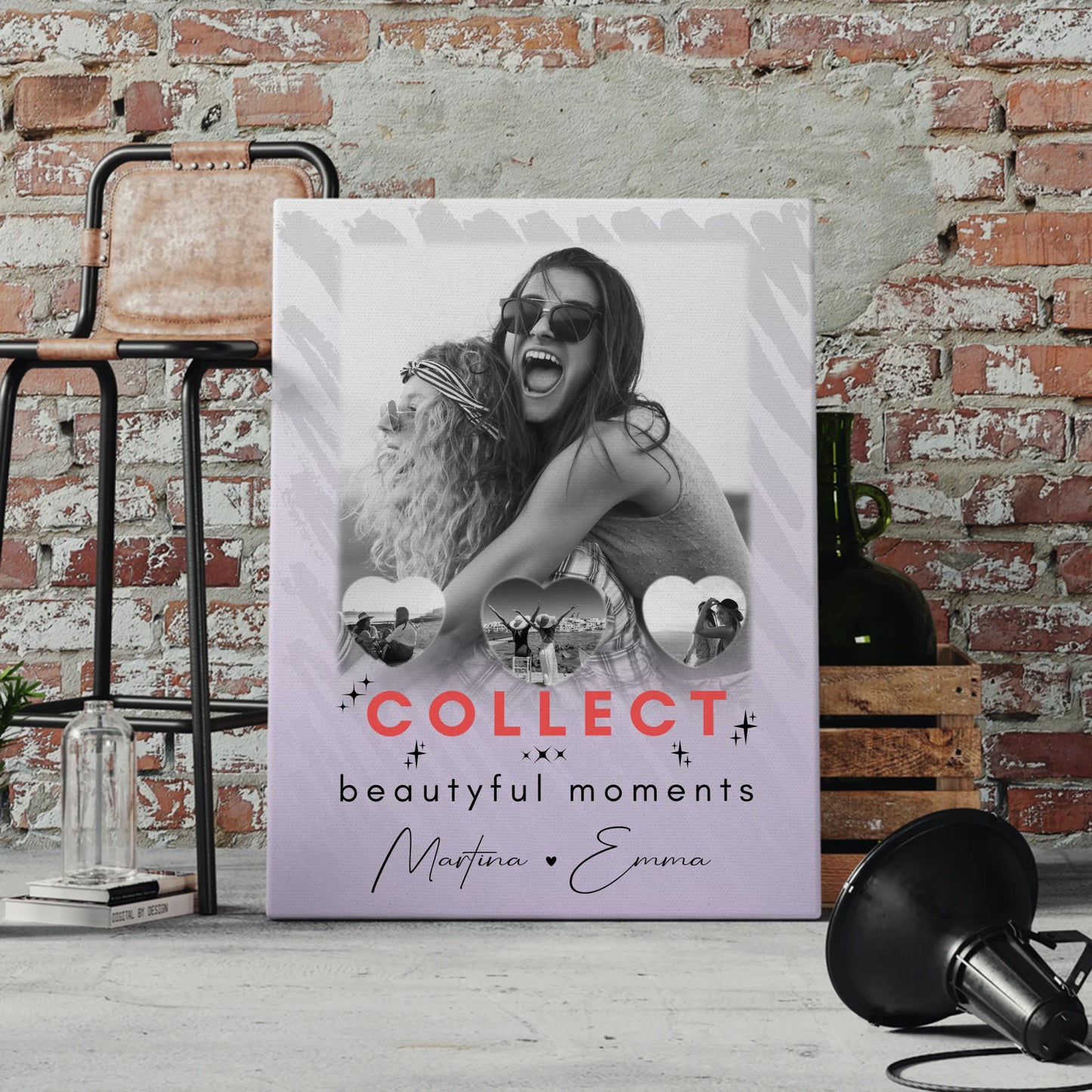 Personalisierte Leinwand für Freundinnen mit 1 Foto und 3 Kleine Herz Fotos Collect Beautyful Moments 4