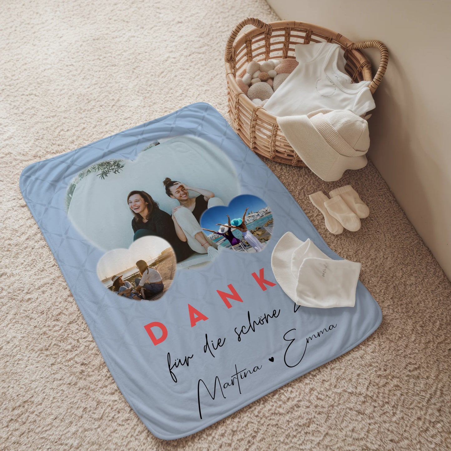 Personalisierte Namensdecke mit 3 Herz Fotos Danke Für Die Schöne Zeit Geschenk 2