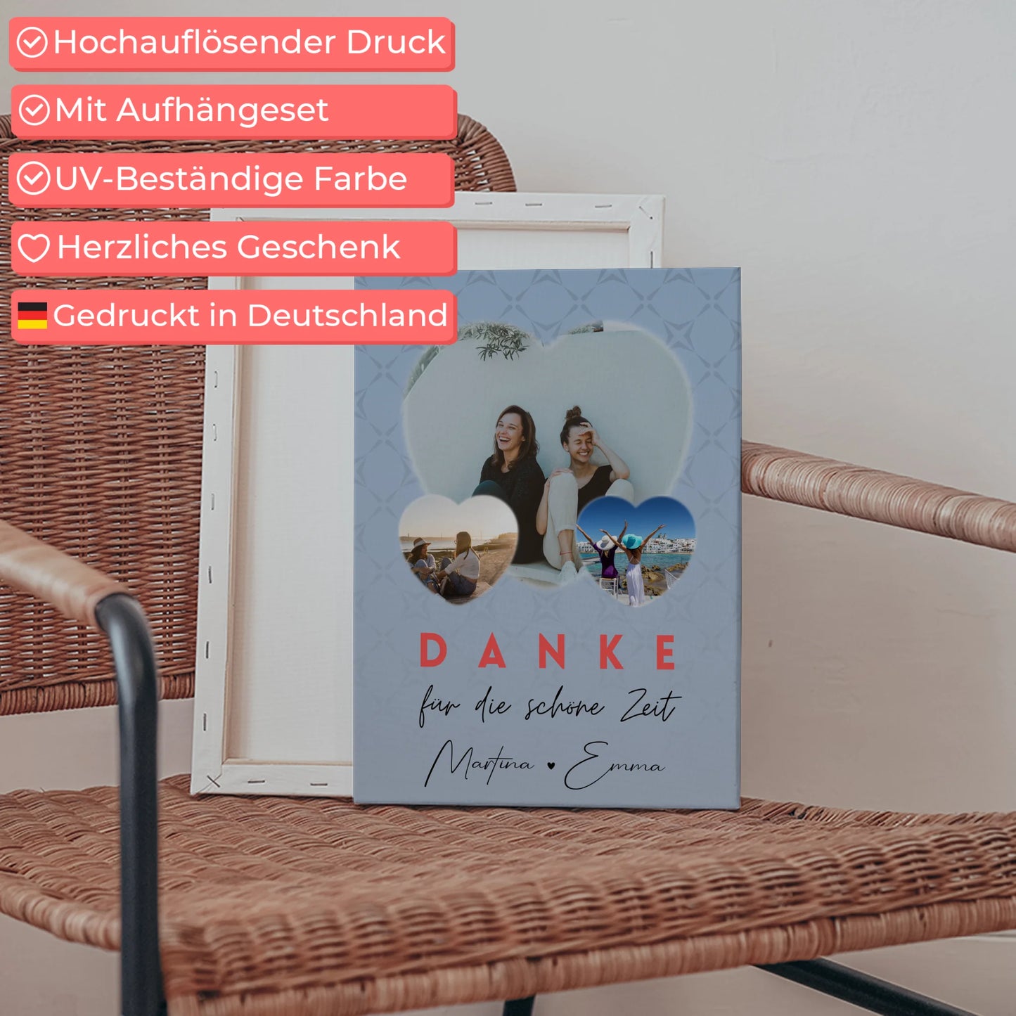 Personalisierte Leinwand Freundinnen mit 3 Herz Fotos Danke Für Die Schöne Zeit 5
