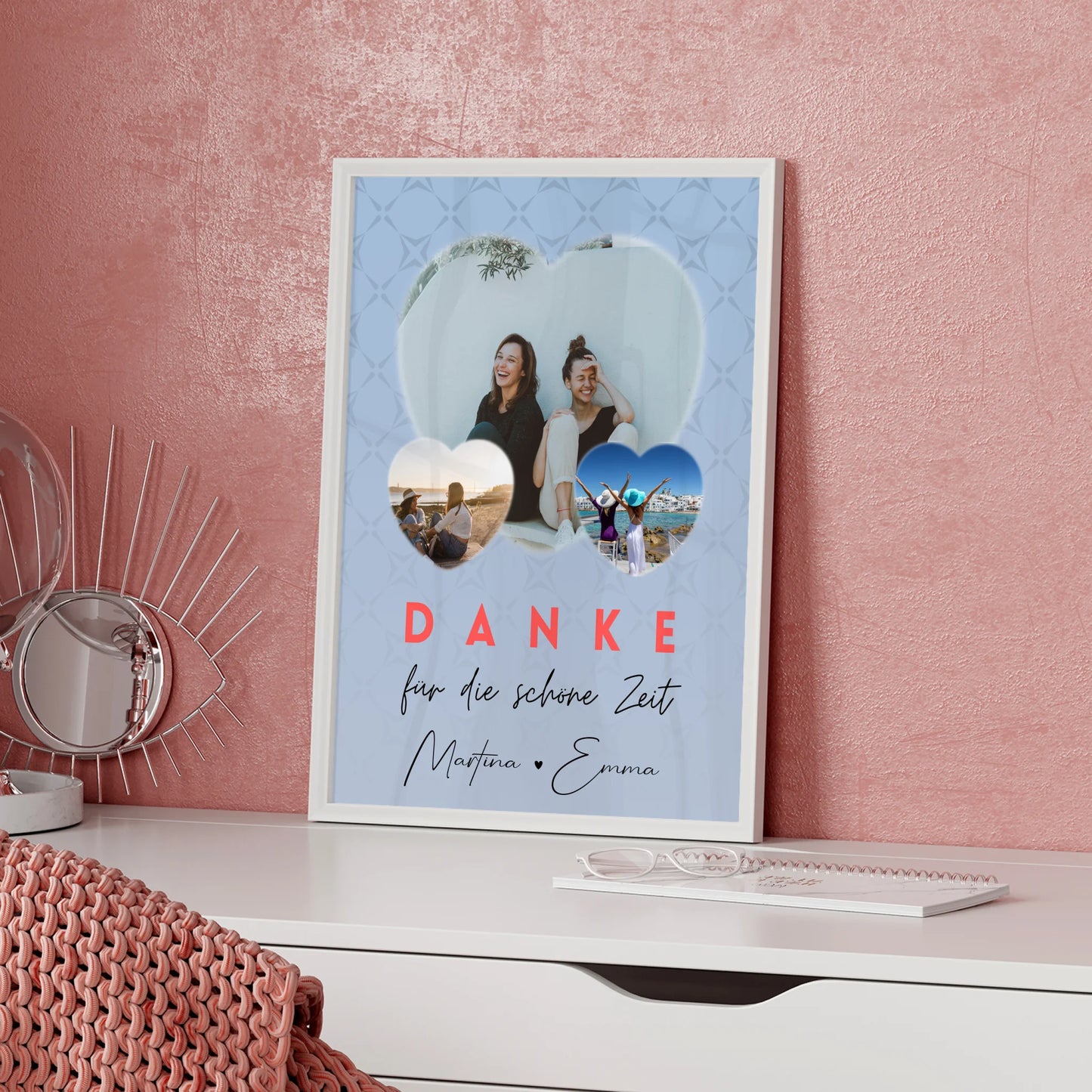 Poster Freundinnen Personalisiert mit 3 Herz Fotos Danke Für Die Schöne Zeit