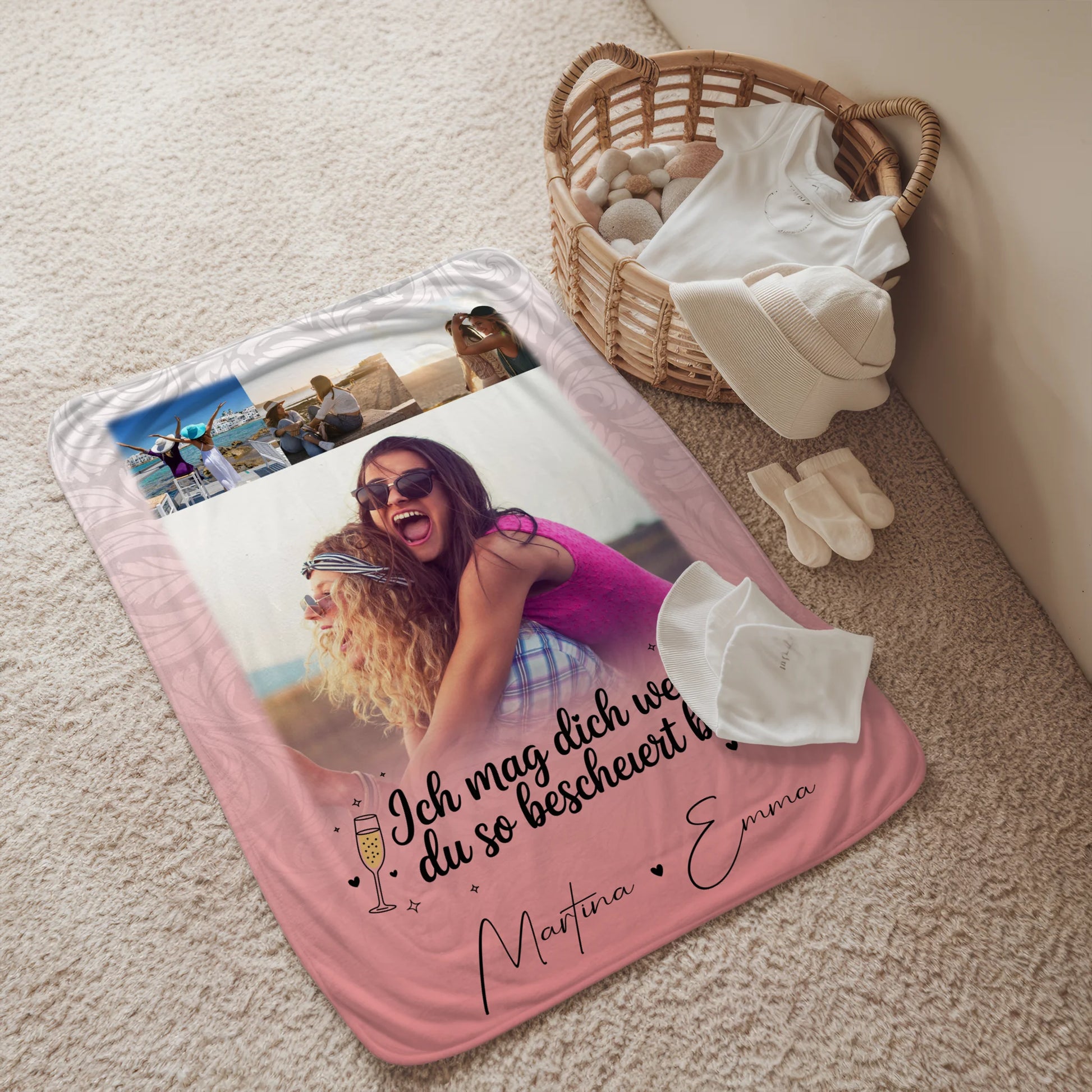 Personalisierte Decke Freundin mit 4 Fotos und Text Du bist bescheuert Geschenkidee 2