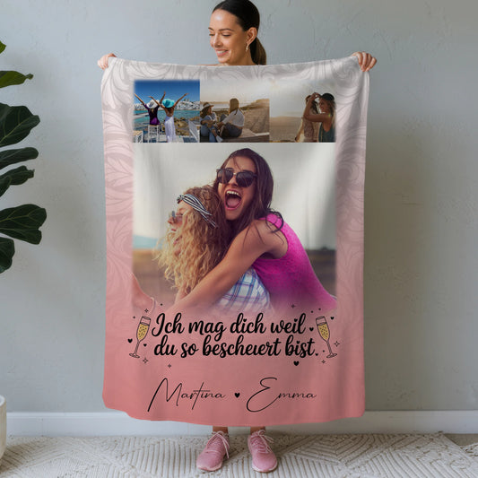 Personalisierte Decke Freundin mit 4 Fotos und Text Du bist bescheuert Geschenkidee 1
