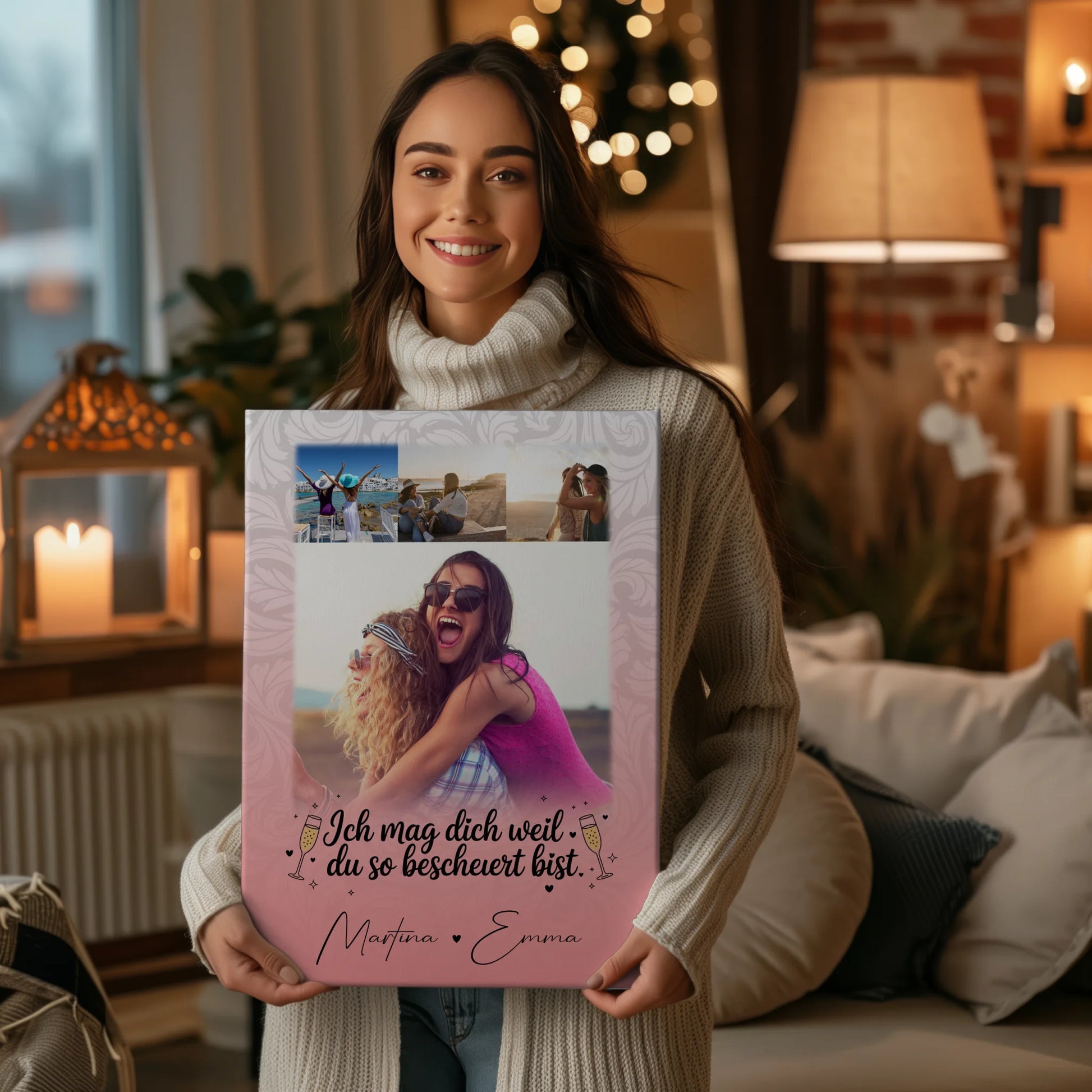 Personalisierte Leinwand Für Beste Freundin mit 4 Fotos Du bist bescheuert Geschenk 2