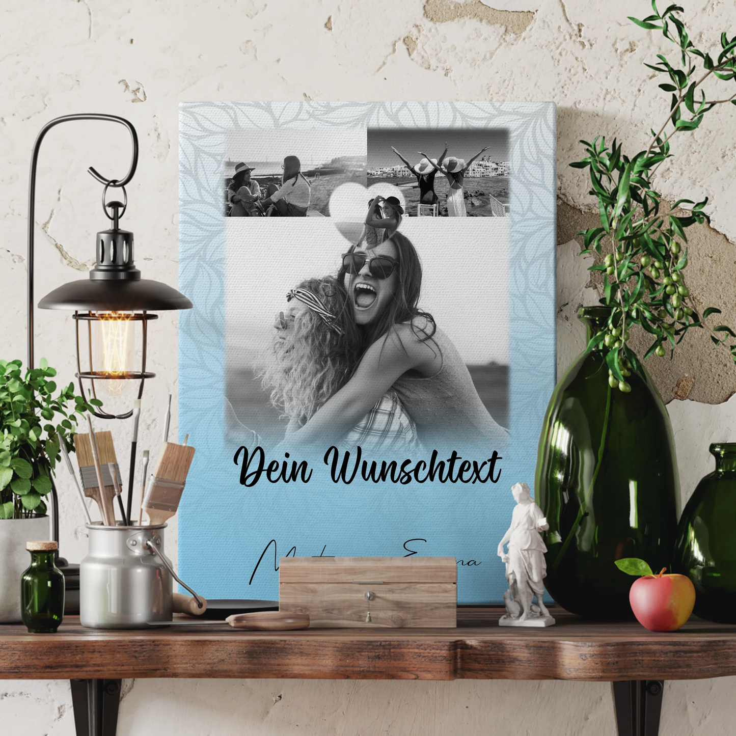 Leinwand Bild Freundinnen Personalisiert mit 3 Fotos Herz Wunschtext 3