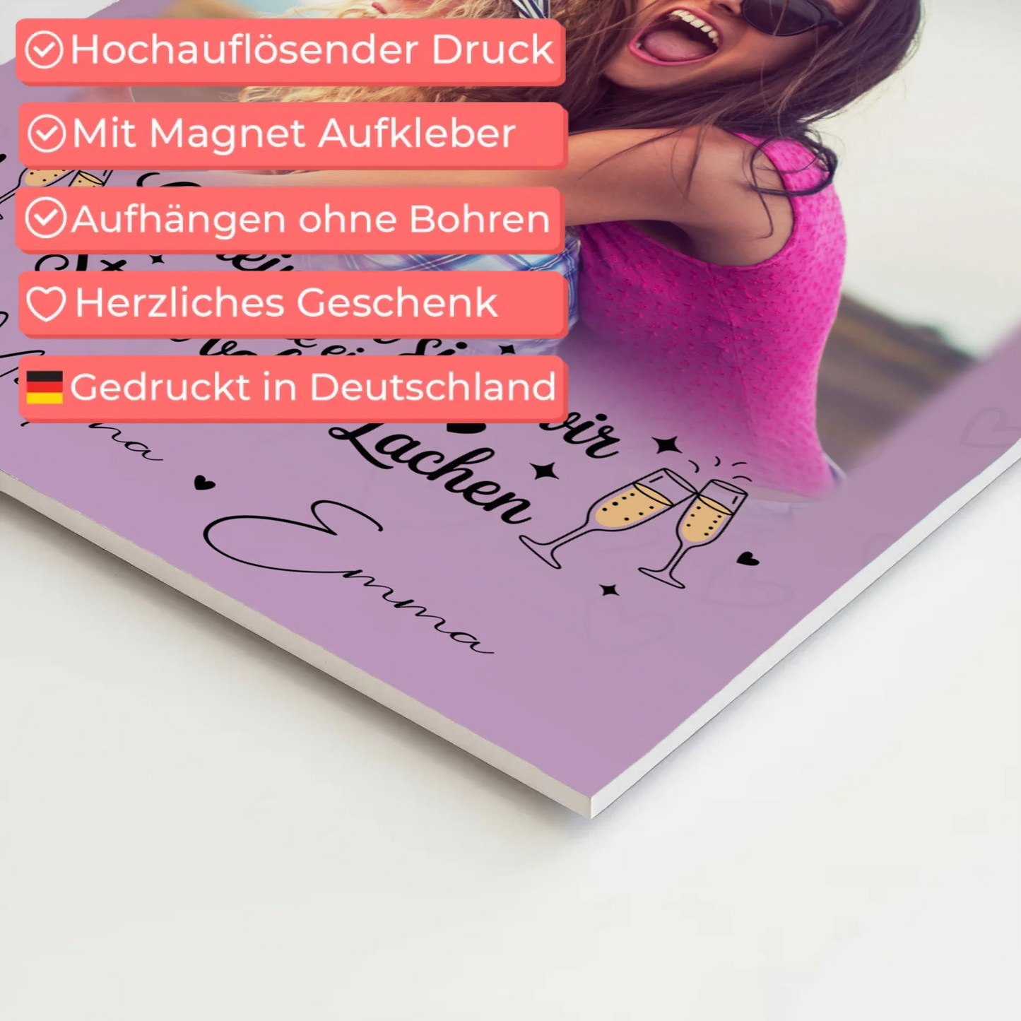 Freundinnen Bild Personalisiert Fotoboard mit 4 Fotos und Herz Sturm voller Lachen