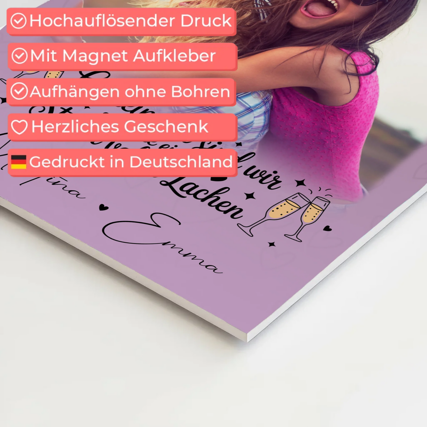 Freundinnen Bild Personalisiert Fotoboard mit 4 Fotos und Herz Sturm voller Lachen