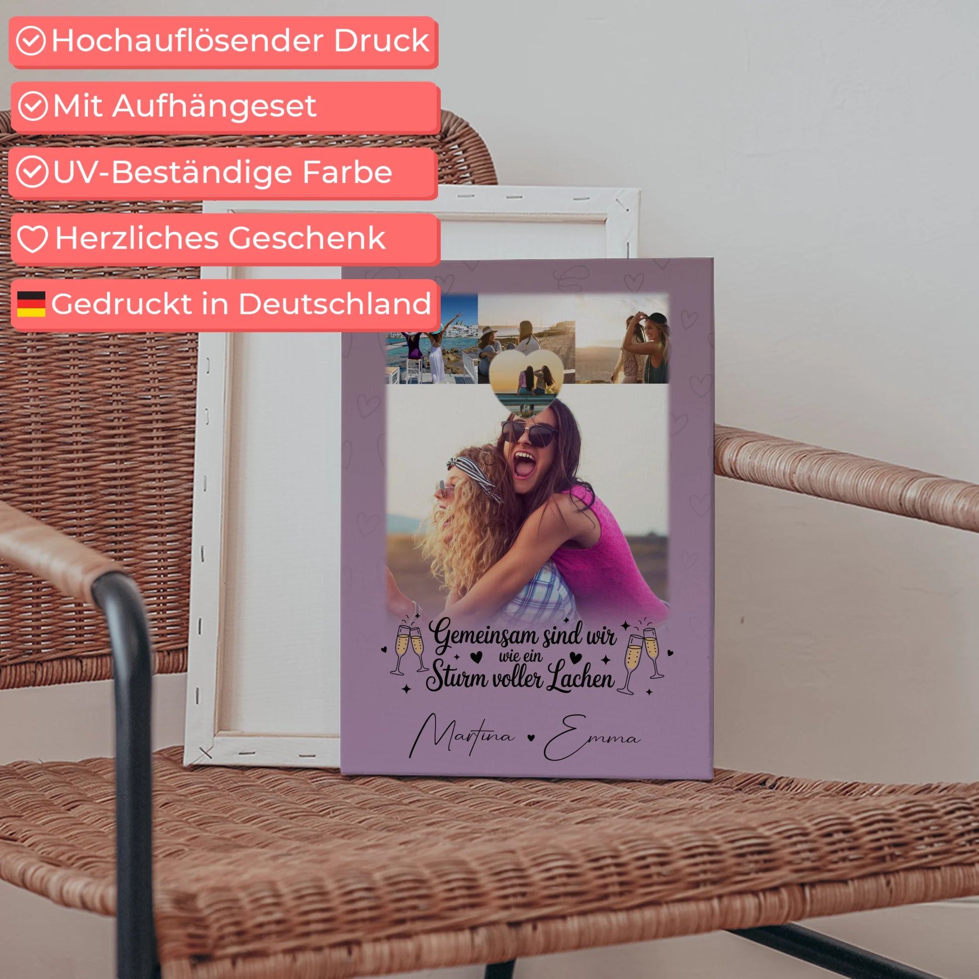 Personalisierte Leinwand für Freundinnen mit 4 Fotos und kleinem Herz Sturm voller Lachen 5