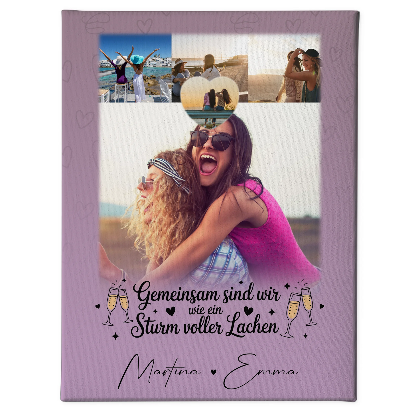 Personalisierte Leinwand für Freundinnen mit 4 Fotos und kleinem Herz Sturm voller Lachen 1