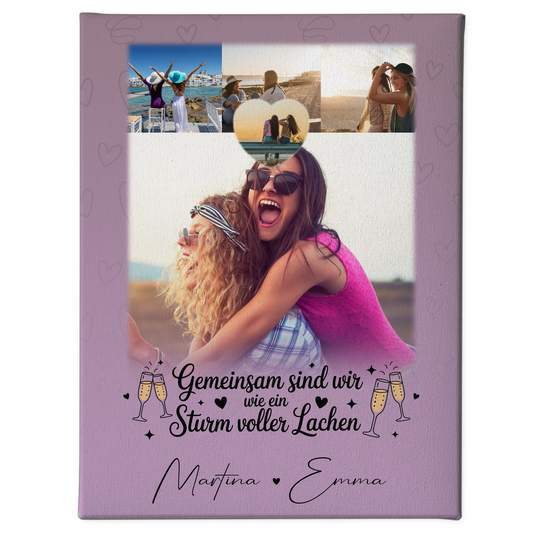 Personalisierte Leinwand für Freundinnen mit 4 Fotos und kleinem Herz Sturm voller Lachen 1