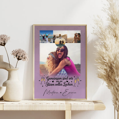 Freundinnen Poster mit 4 Fotos und 1 Kleines Herz Foto Sturm voller Lachen