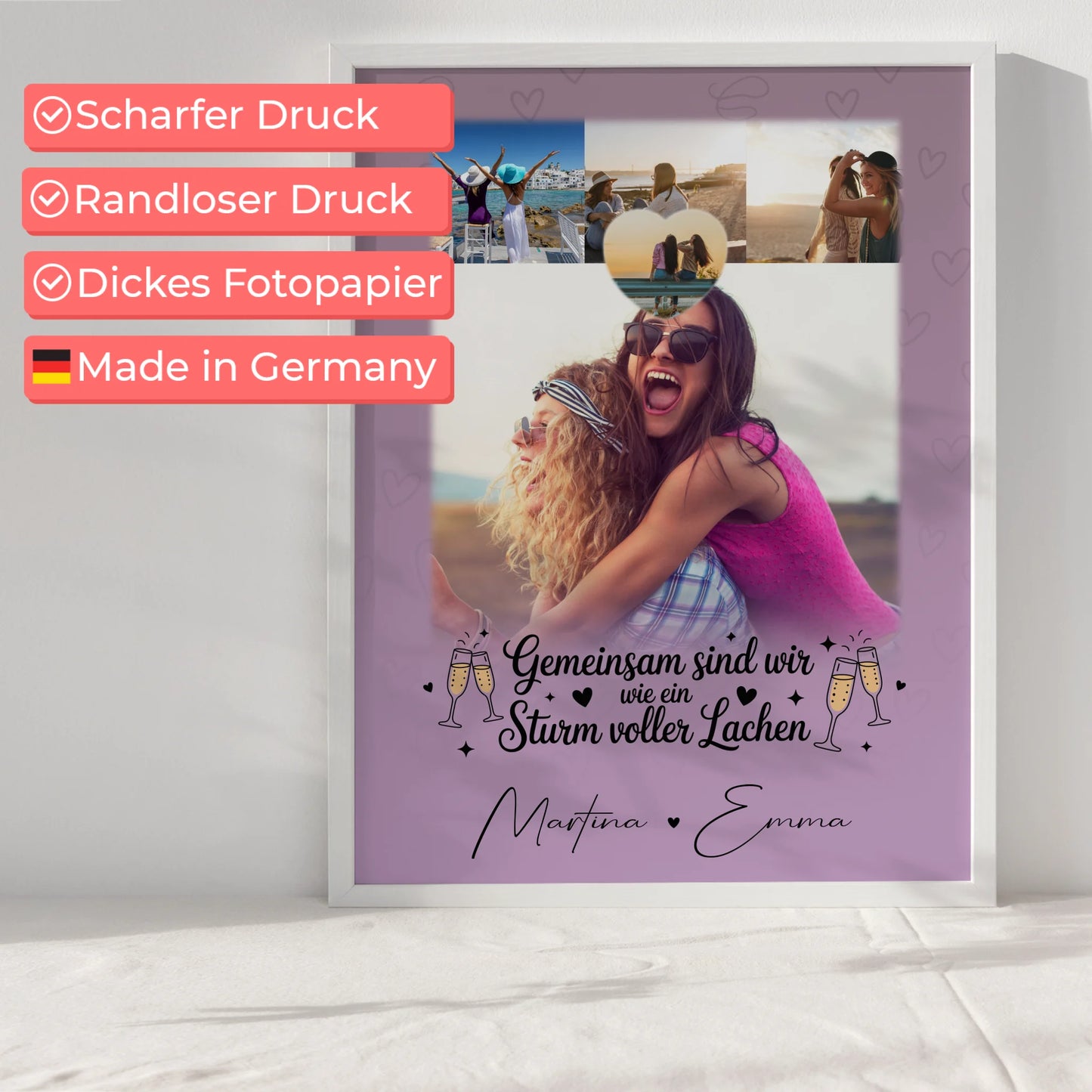Freundinnen Poster mit 4 Fotos und 1 Kleines Herz Foto Sturm voller Lachen