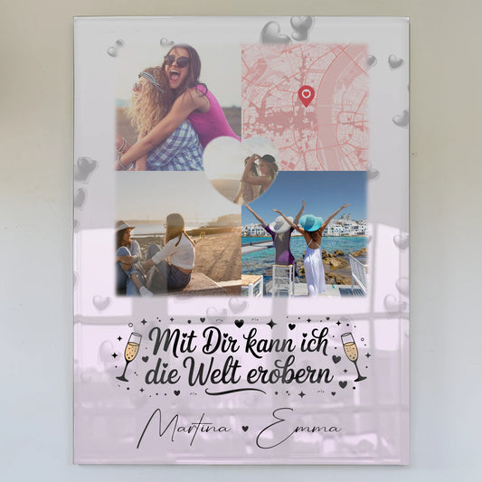 Beste Freundin Geschenk mit 3 Fotos 1 Herz Foto Karte Mit dir kann ich die Welt erobern