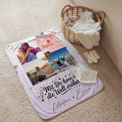 Kuscheldecke Mit Namen 3 Fotos und 1 Herz Foto Karte Mit dir kann ich die Welt erobern 2