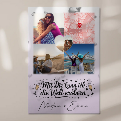 Personalisiertes Fotogeschenke für Beste Freundin mit 3 Fotos Herz Karte Mit dir kann ich die Welt erobern