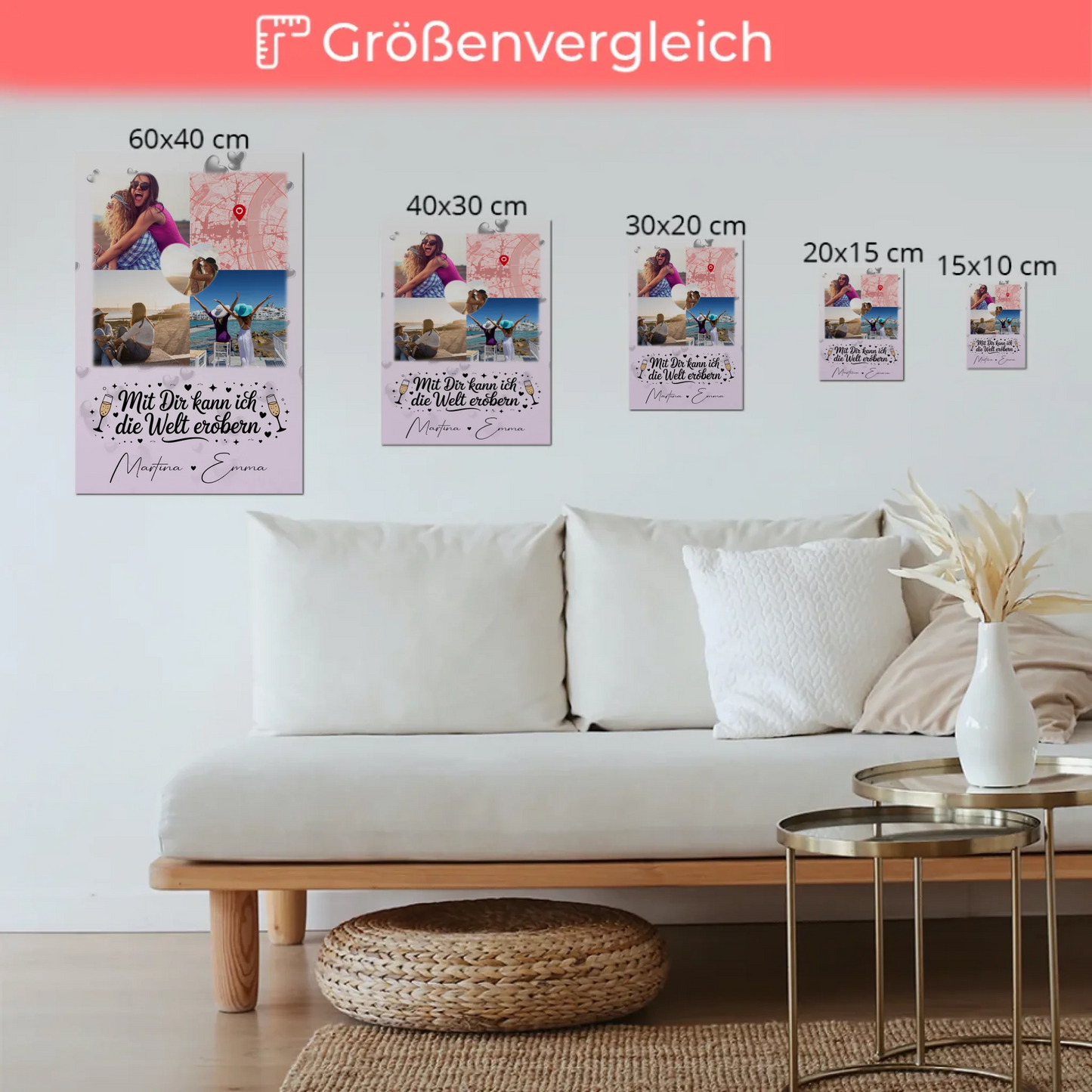 Personalisiertes Fotogeschenke für Beste Freundin mit 3 Fotos Herz Karte Mit dir kann ich die Welt erobern
