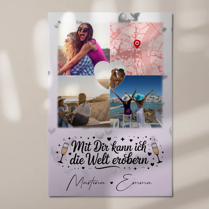 Personalisiertes Fotogeschenke für Beste Freundin mit 3 Fotos Herz Karte Mit dir kann ich die Welt erobern