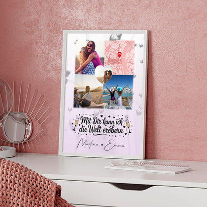 Poster mit Foto beste Freundin Mit dir kann ich die Welt erobern 3 Fotos 1 Herz Karte