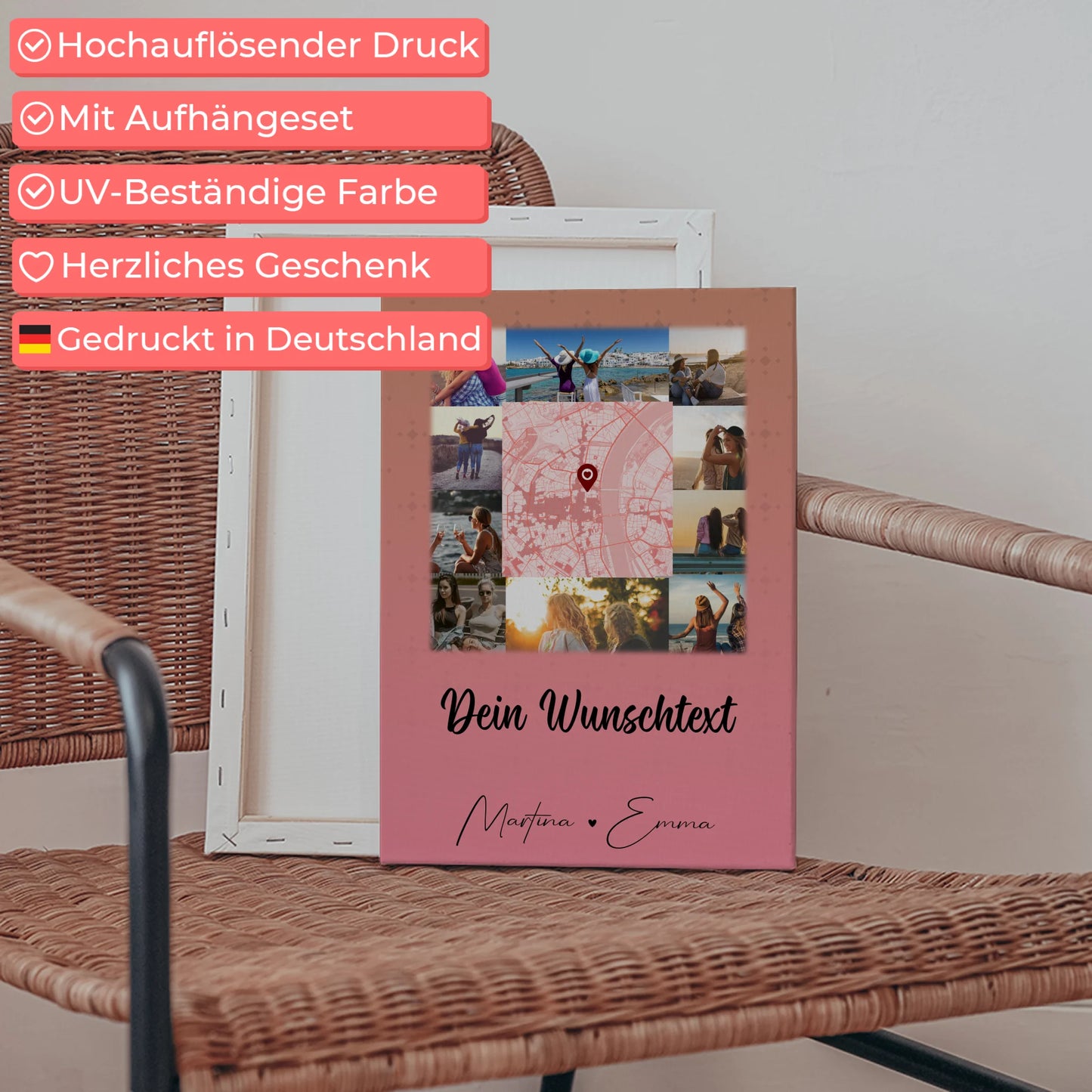 Personalisierte Freundinnen Leinwand mit 10 Fotos Wunschtext und Karte in der Mitte 5