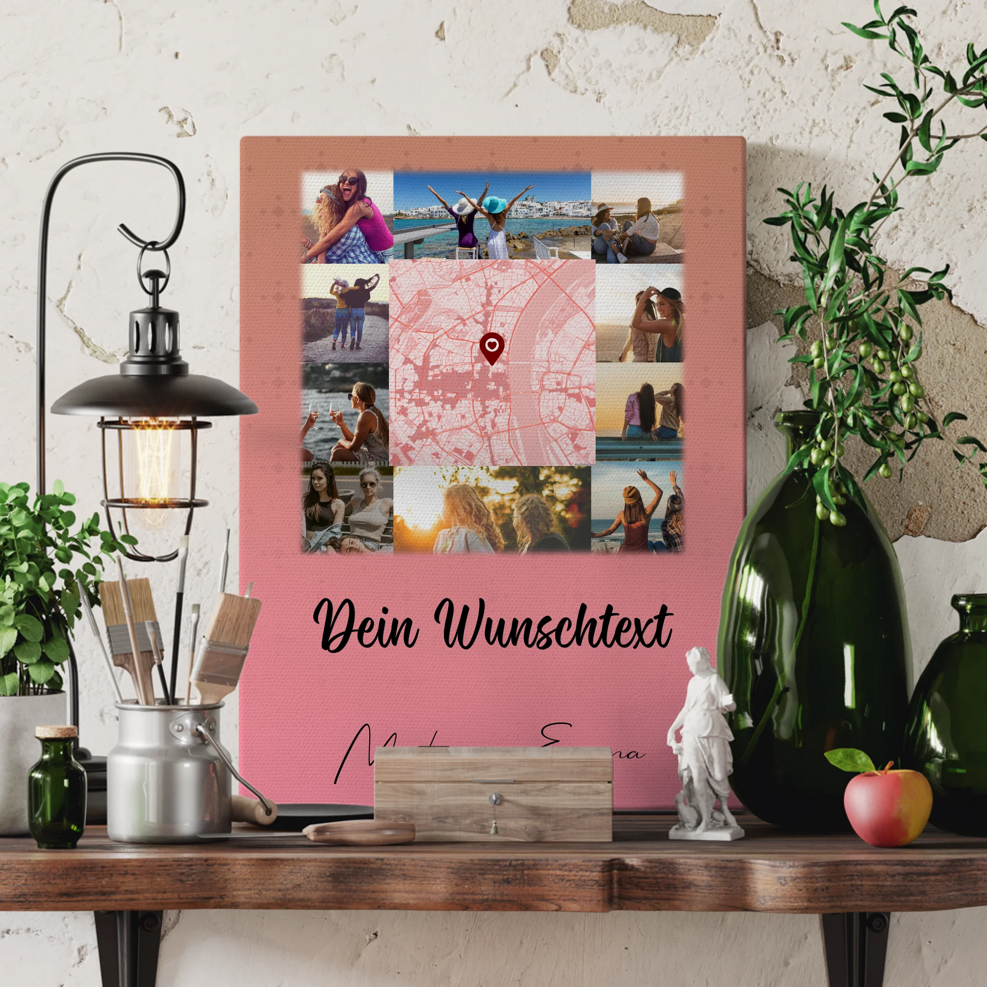 Personalisierte Freundinnen Leinwand mit 10 Fotos Wunschtext und Karte in der Mitte 3
