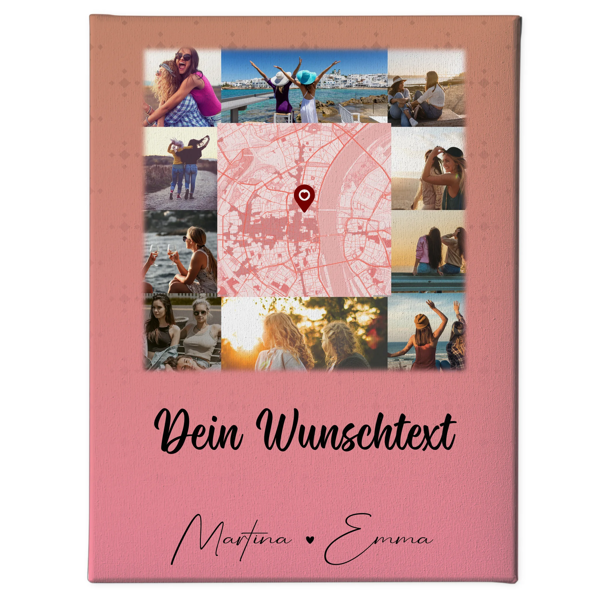 Personalisierte Freundinnen Leinwand mit 10 Fotos Wunschtext und Karte in der Mitte 1