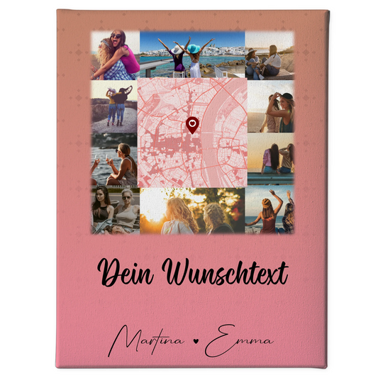 Personalisierte Freundinnen Leinwand mit 10 Fotos Wunschtext und Karte in der Mitte 1