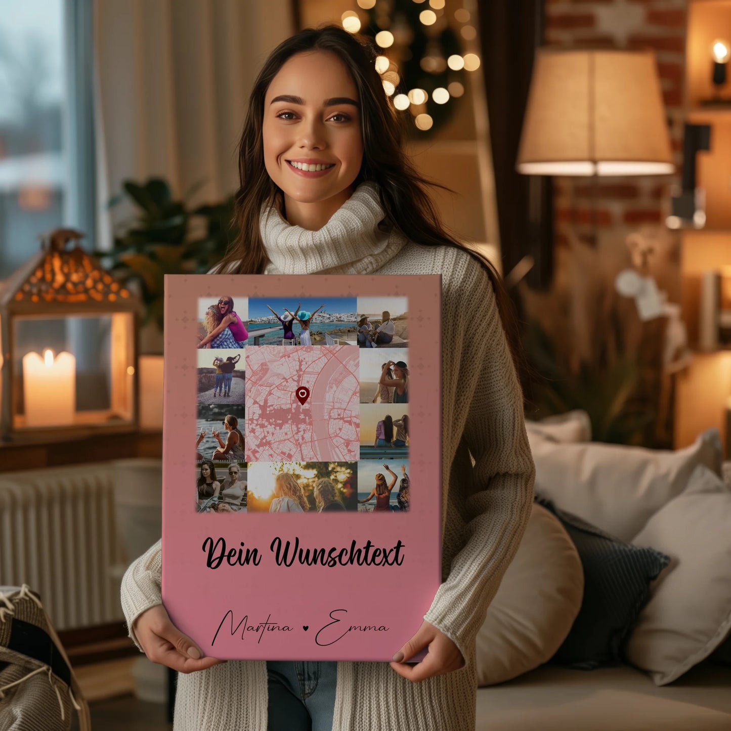 Personalisierte Freundinnen Leinwand mit 10 Fotos Wunschtext und Karte in der Mitte 2