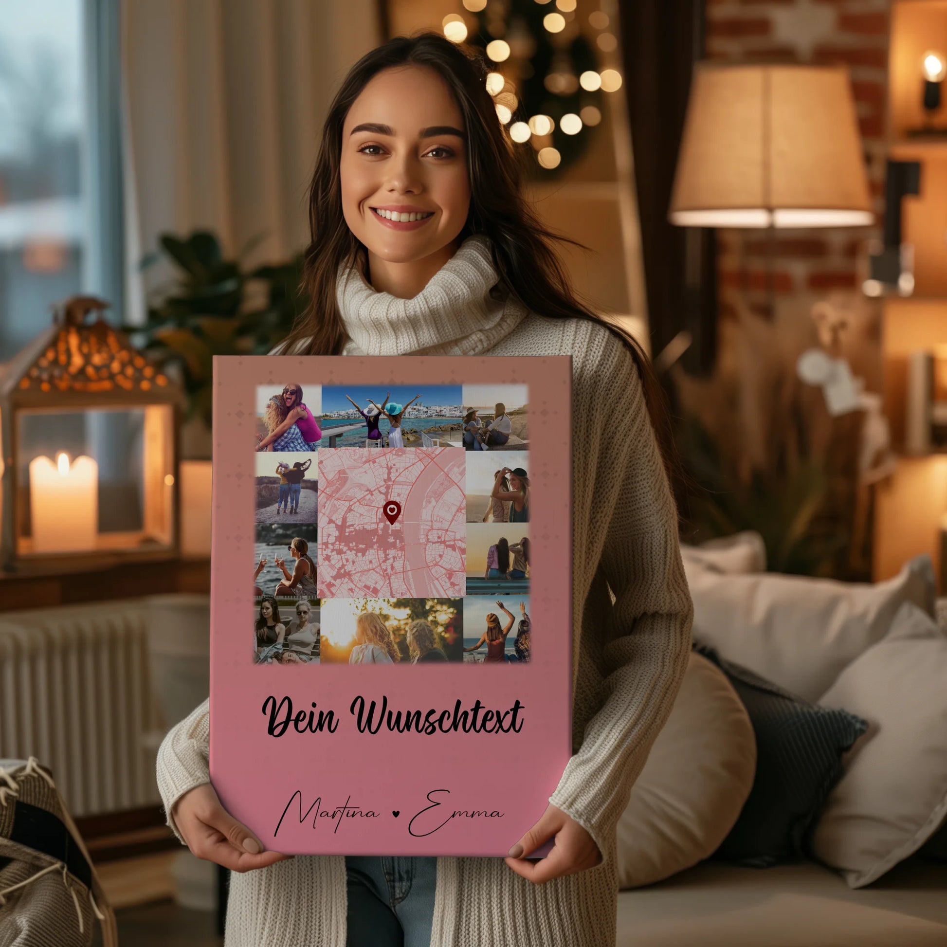 Personalisierte Freundinnen Leinwand mit 10 Fotos Wunschtext und Karte in der Mitte 2