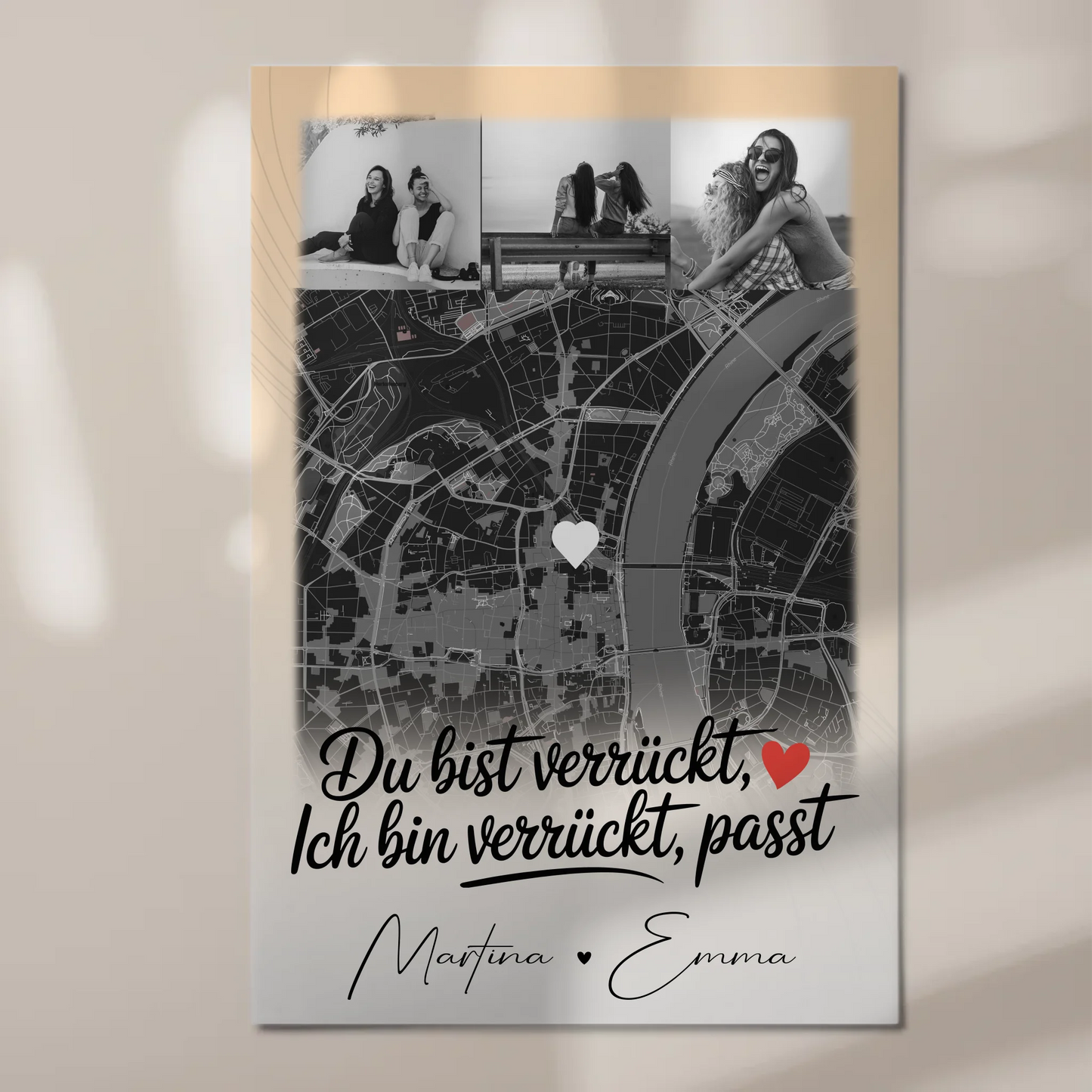 Personalisiertes Fotoboard Beste Freundinnen mit 4 Fotos und Karte Du verrückt Ich verrückt passt