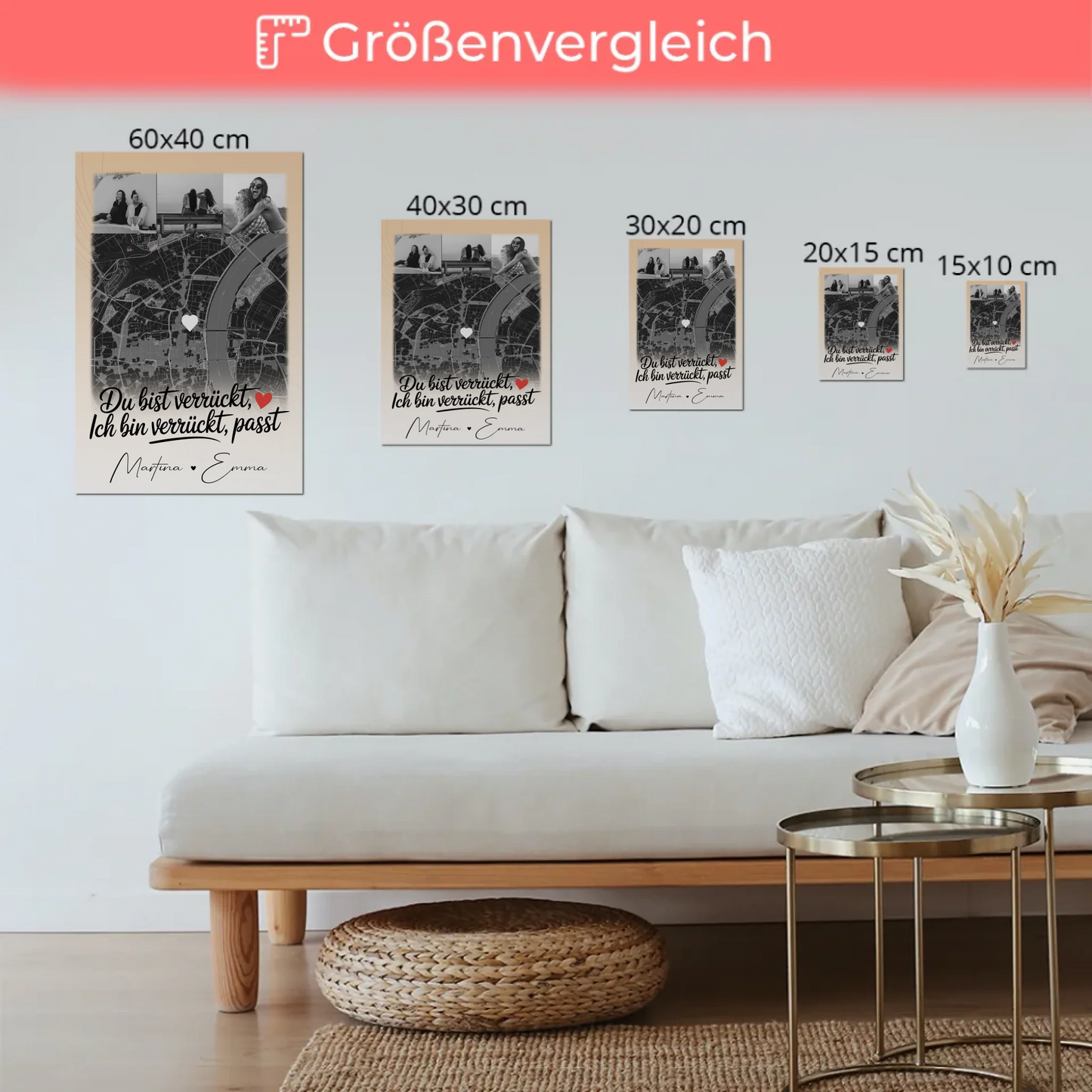 Personalisiertes Fotoboard Beste Freundinnen mit 4 Fotos und Karte Du verrückt Ich verrückt passt