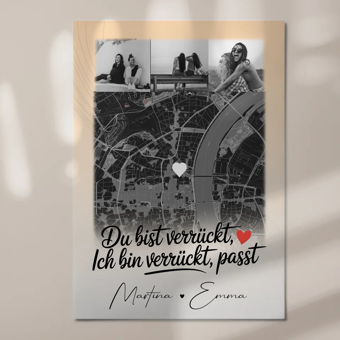 Personalisiertes Fotoboard Beste Freundinnen mit 4 Fotos und Karte Du verrückt Ich verrückt passt