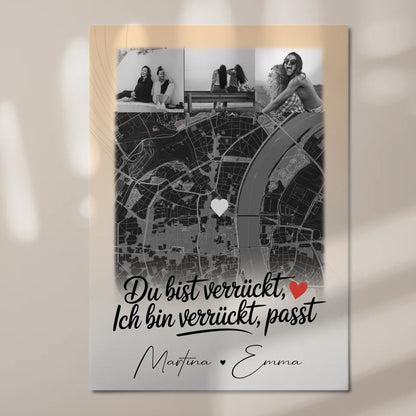 Personalisiertes Fotoboard Beste Freundinnen mit 4 Fotos und Karte Du verrückt Ich verrückt passt