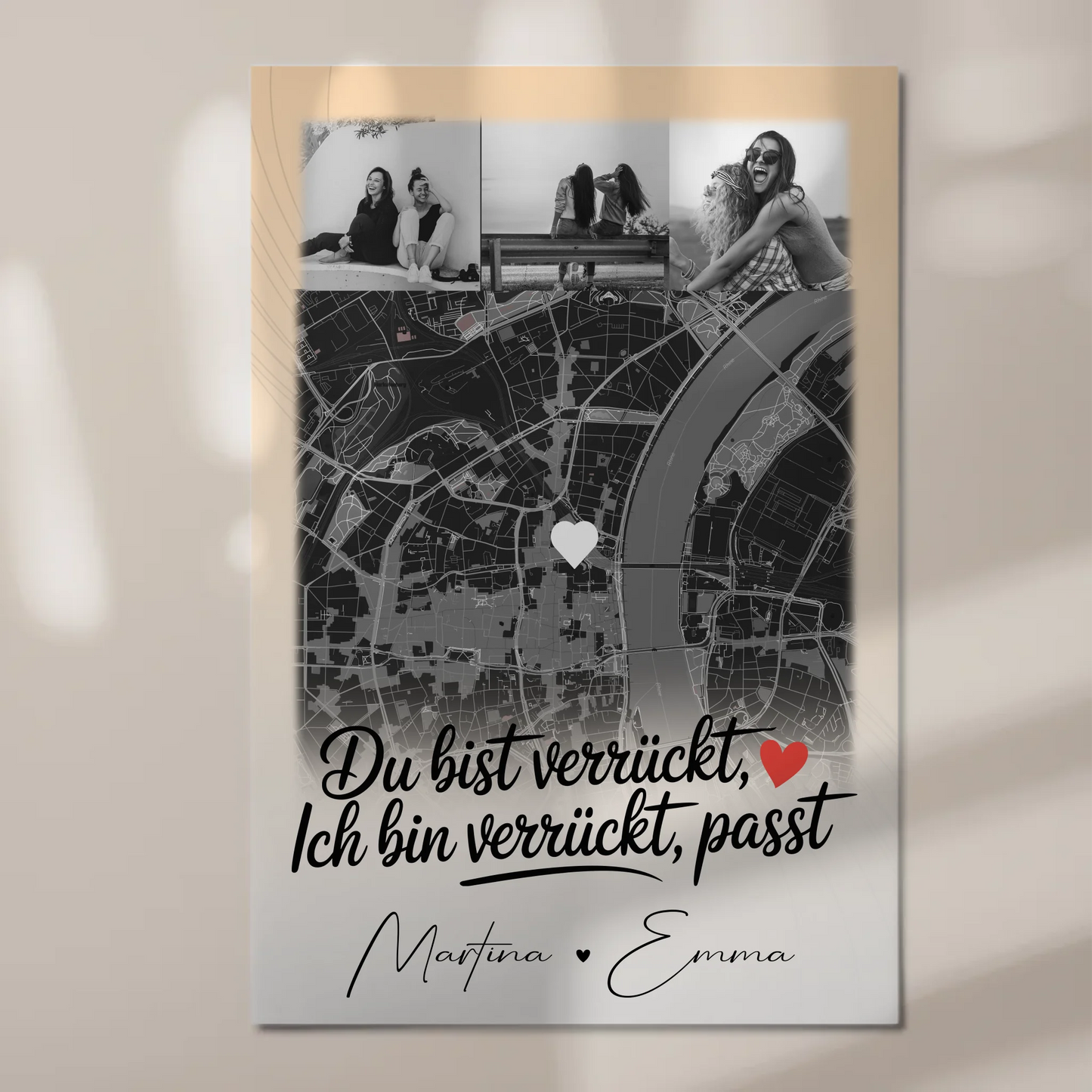 Personalisiertes Fotoboard Beste Freundinnen mit 4 Fotos und Karte Du verrückt Ich verrückt passt