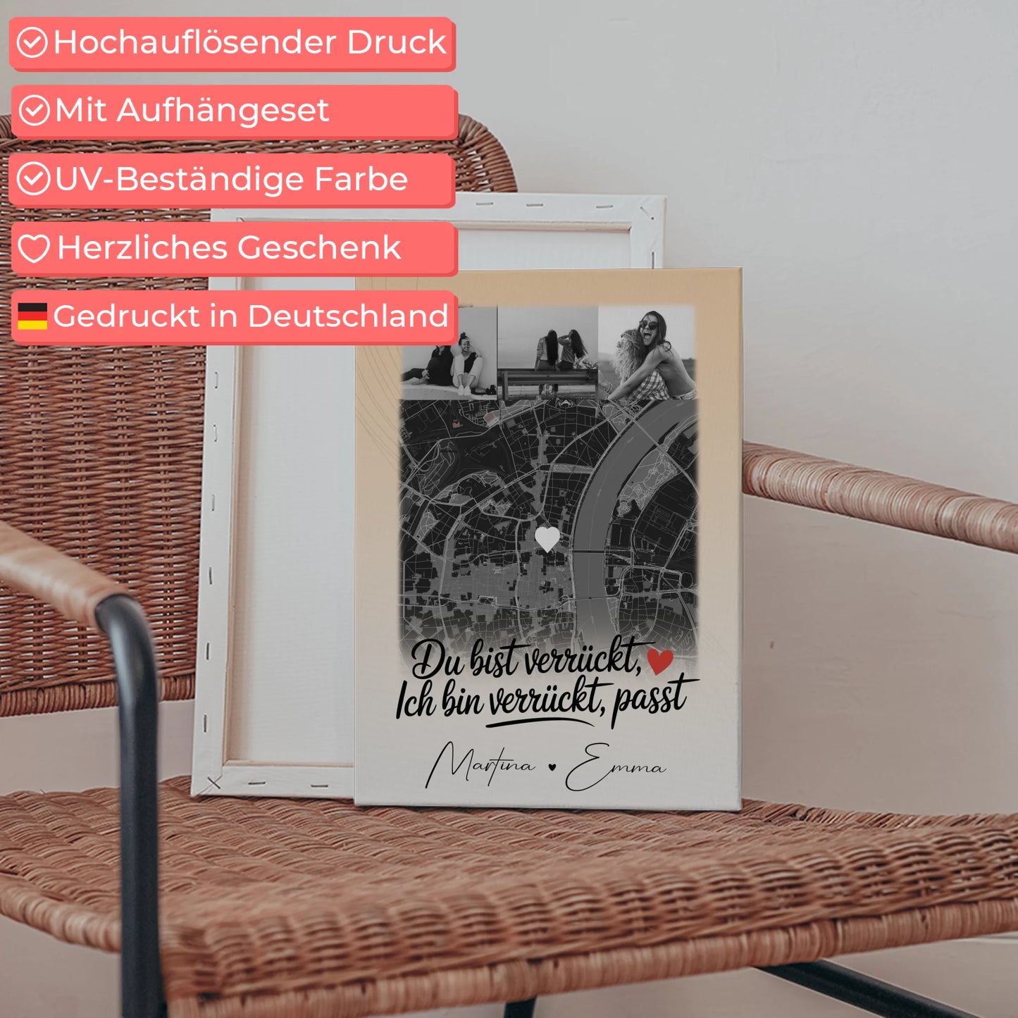 Personalisierte Leinwand Bild Freundinnen mit 4 Fotos und Karte Du verrückt Ich verrückt passt perfekt 5