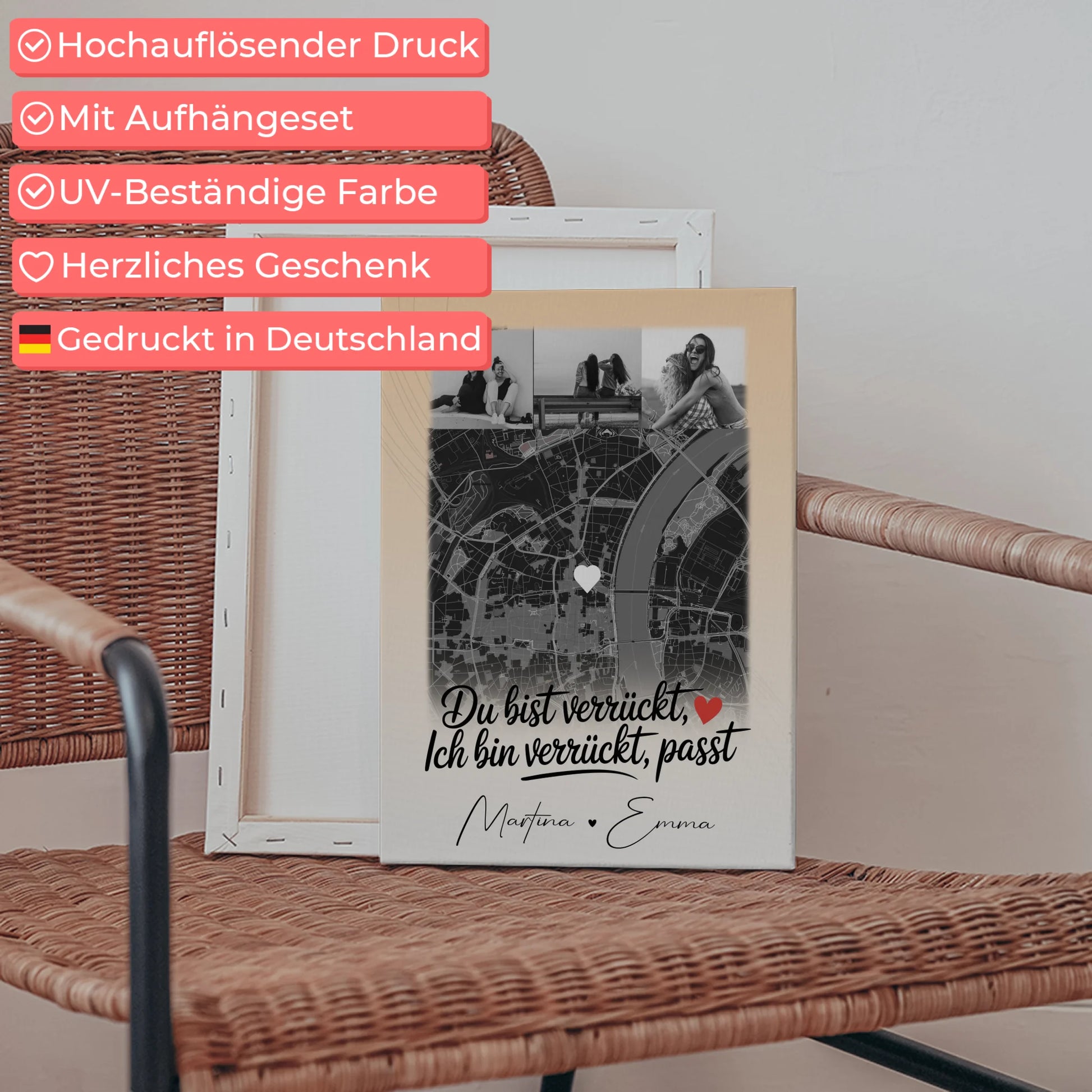 Personalisierte Leinwand Bild Freundinnen mit 4 Fotos und Karte Du verrückt Ich verrückt passt perfekt 5