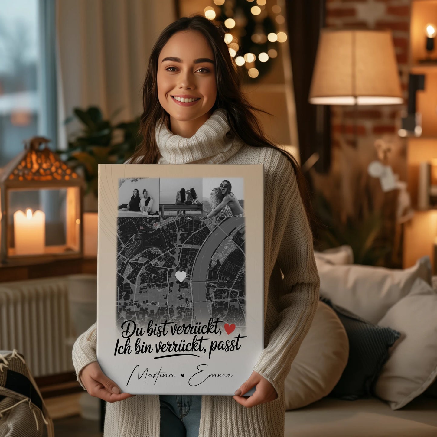 Personalisierte Leinwand Bild Freundinnen mit 4 Fotos und Karte Du verrückt Ich verrückt passt perfekt 2