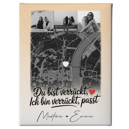 Personalisierte Leinwand Bild Freundinnen mit 4 Fotos und Karte Du verrückt Ich verrückt passt perfekt 1