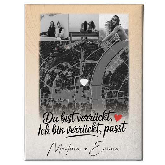 Personalisierte Leinwand Bild Freundinnen mit 4 Fotos und Karte Du verrückt Ich verrückt passt perfekt 1