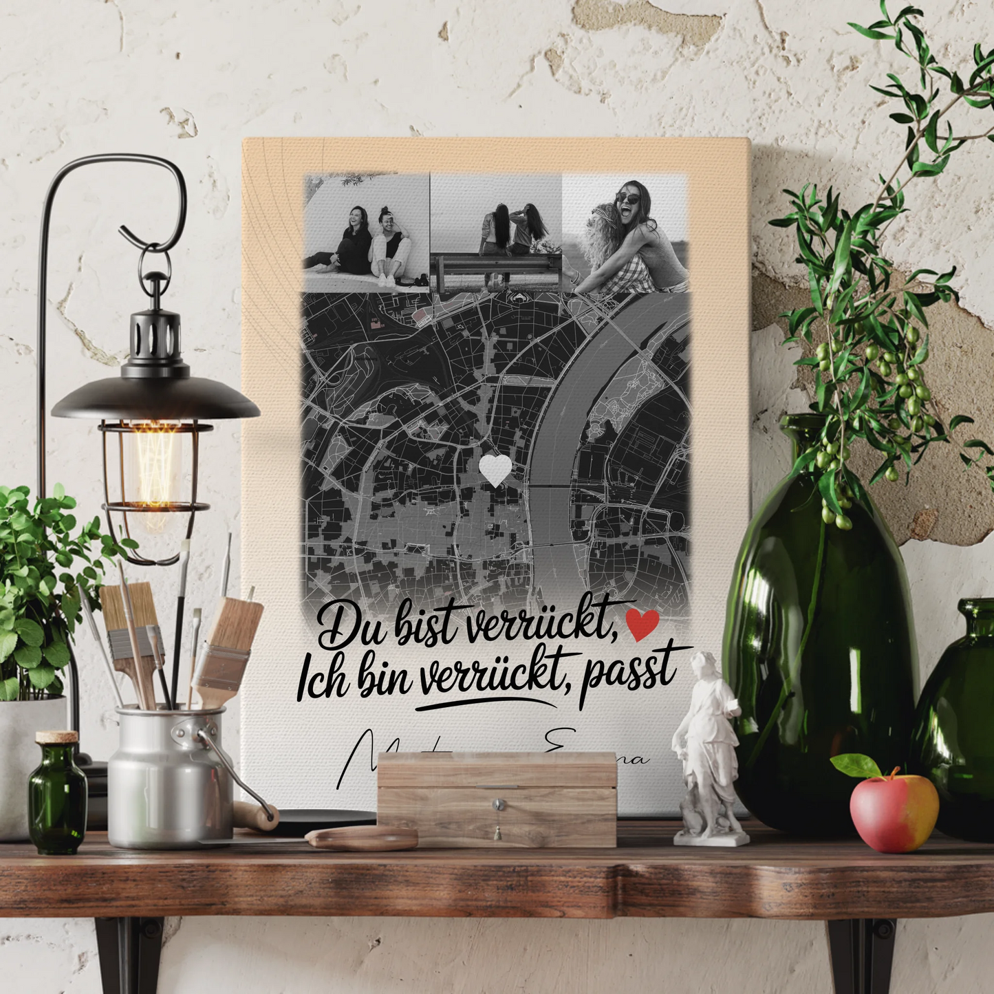 Personalisierte Leinwand Bild Freundinnen mit 4 Fotos und Karte Du verrückt Ich verrückt passt perfekt 3
