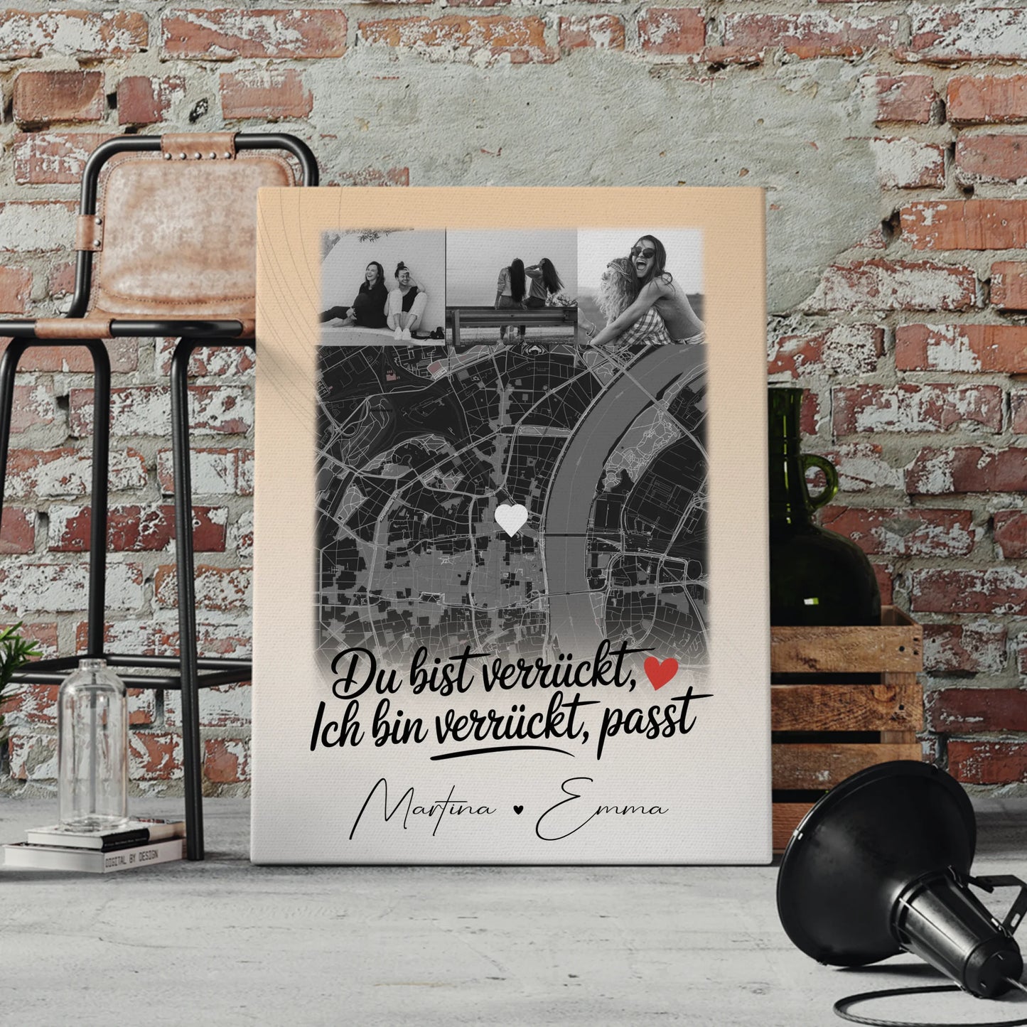 Personalisierte Leinwand Bild Freundinnen mit 4 Fotos und Karte Du verrückt Ich verrückt passt perfekt 4