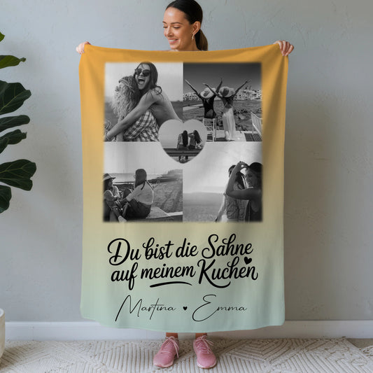 Personalisierte Decke beste Freundin mit 4 Fotos und Herz Foto Du bist die Sahne 1