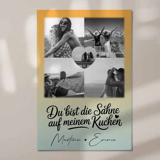 Beste Freundinnen Fotoboard mit 4 Fotos und 1 Herz Foto Du bist die Sahne personalisiertes Geschenk 1