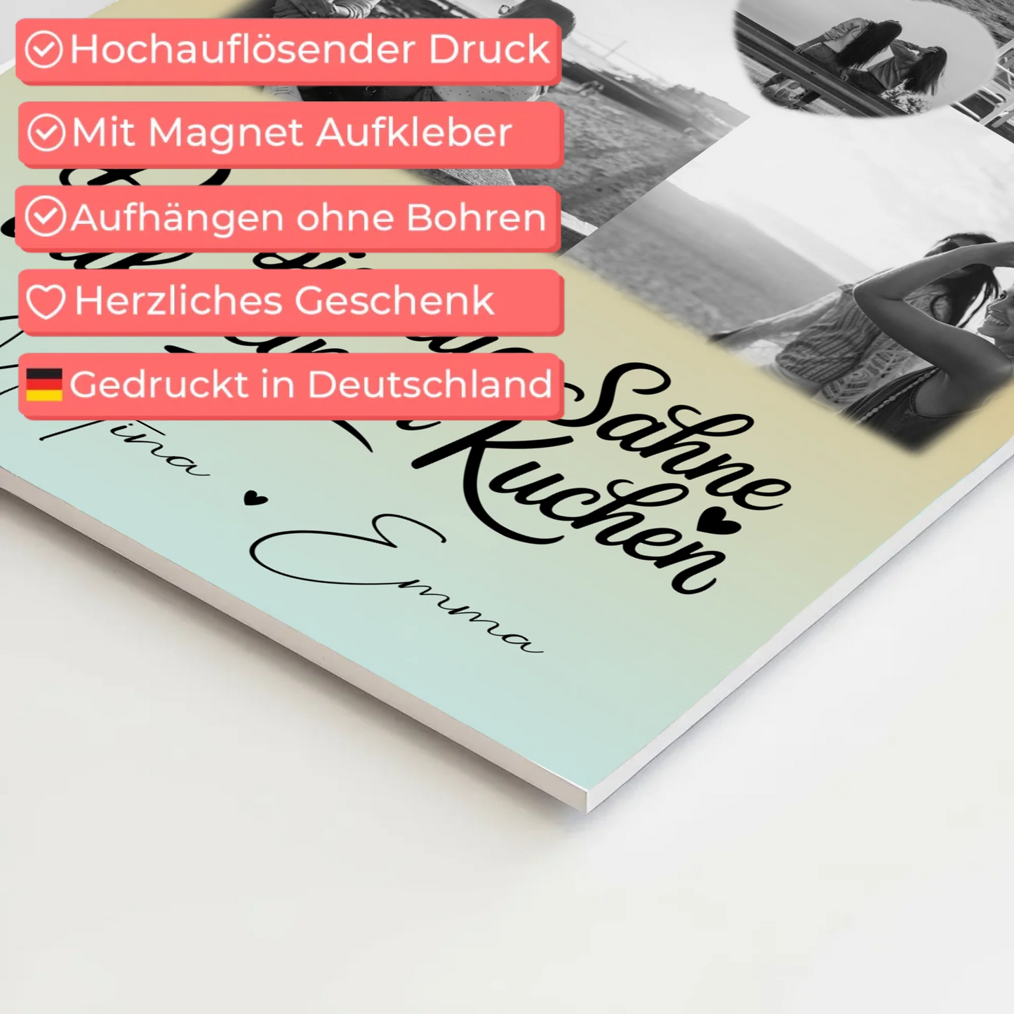Beste Freundinnen Fotoboard mit 4 Fotos und 1 Herz Foto Du bist die Sahne personalisiertes Geschenk 4