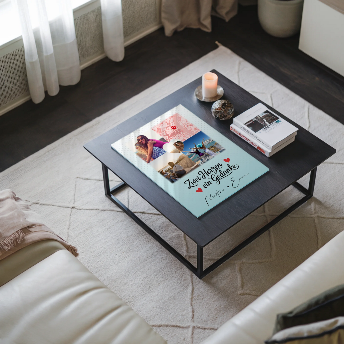Personalisiertes Freundinnen Bild auf Acrylglas mit 3 Fotos und Herzmotiv Zwei Herzen ein Gedanke