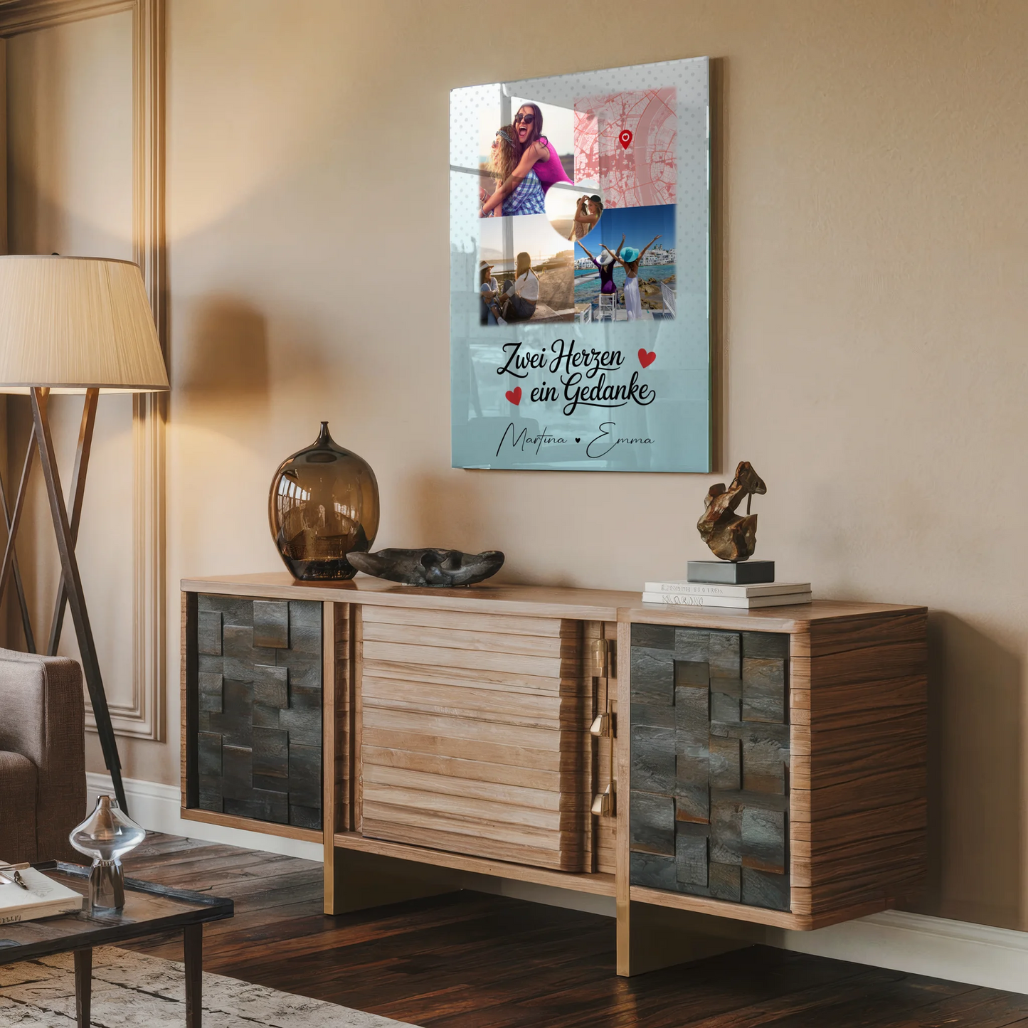 Personalisiertes Freundinnen Bild auf Acrylglas mit 3 Fotos und Herzmotiv Zwei Herzen ein Gedanke