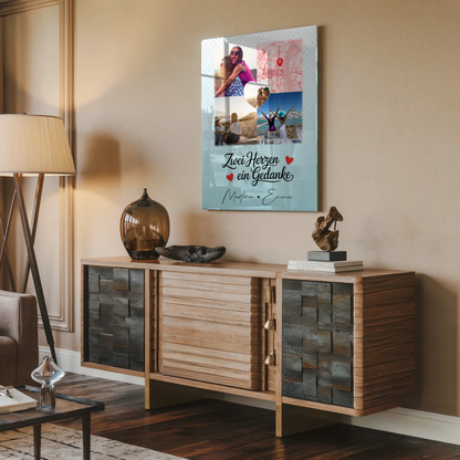 Personalisiertes Freundinnen Bild auf Acrylglas mit 3 Fotos und Herzmotiv Zwei Herzen ein Gedanke