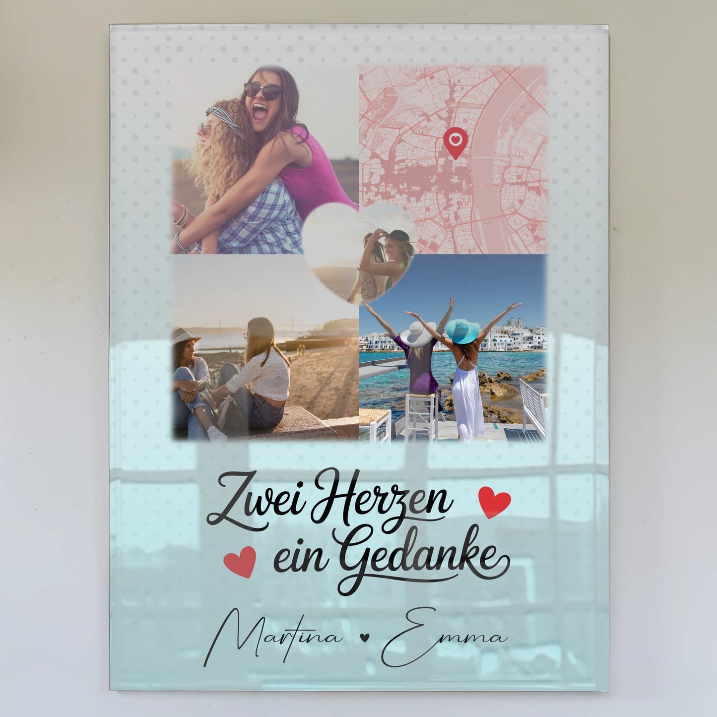 Personalisiertes Freundinnen Bild auf Acrylglas mit 3 Fotos und Herzmotiv Zwei Herzen ein Gedanke