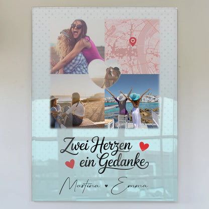 Personalisiertes Freundinnen Bild auf Acrylglas mit 3 Fotos und Herzmotiv Zwei Herzen ein Gedanke